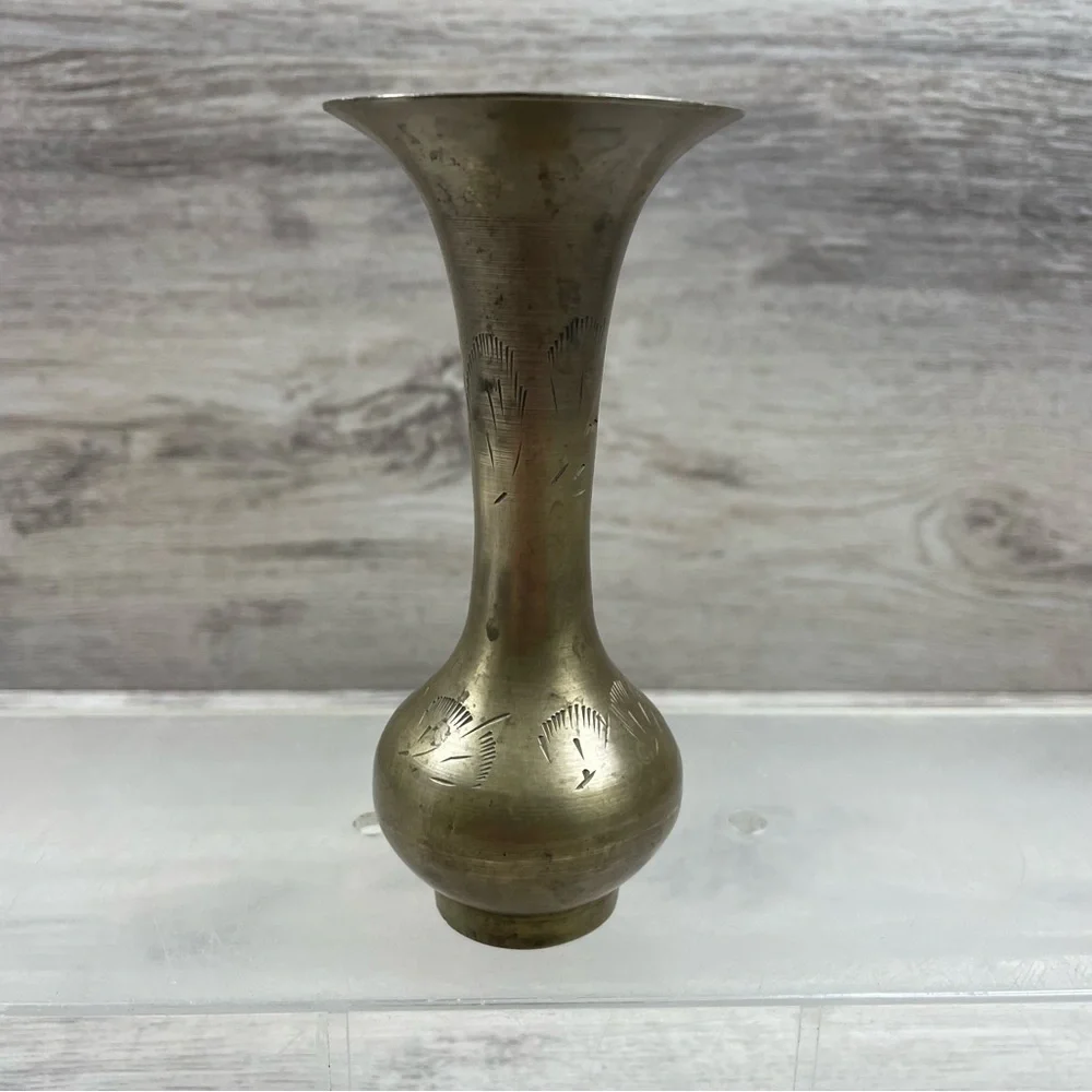 Vintage Brass Mini Vase - Etched Design 5” Mid Century MCM Modern